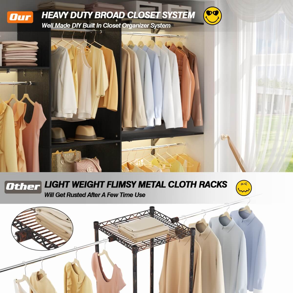 96'' Closet System with 3 Shelving Towers, Hanging Rods & 5 Storage Shelves