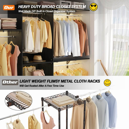 96'' Closet System with 3 Shelving Towers, Hanging Rods & 5 Storage Shelves