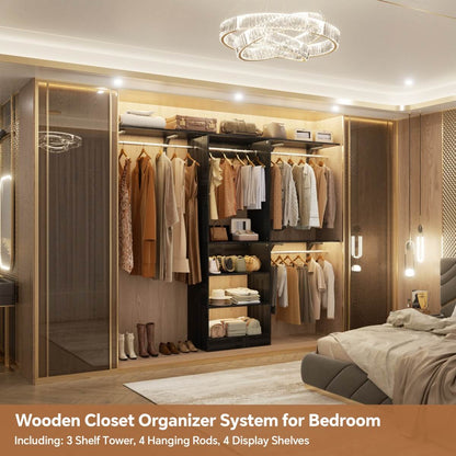 96'' Closet System with 3 Shelving Towers, Hanging Rods & 5 Storage Shelves