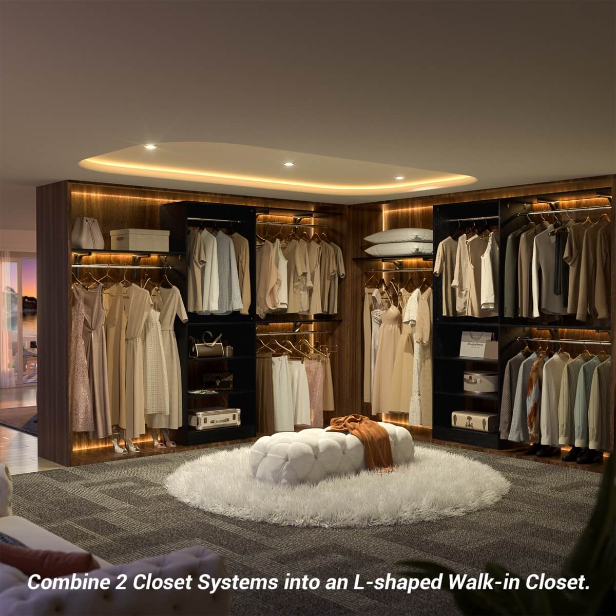 96'' Closet System with 3 Shelving Towers, Hanging Rods & 5 Storage Shelves