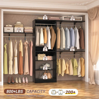 96'' Closet System with 3 Shelving Towers, Hanging Rods & 5 Storage Shelves