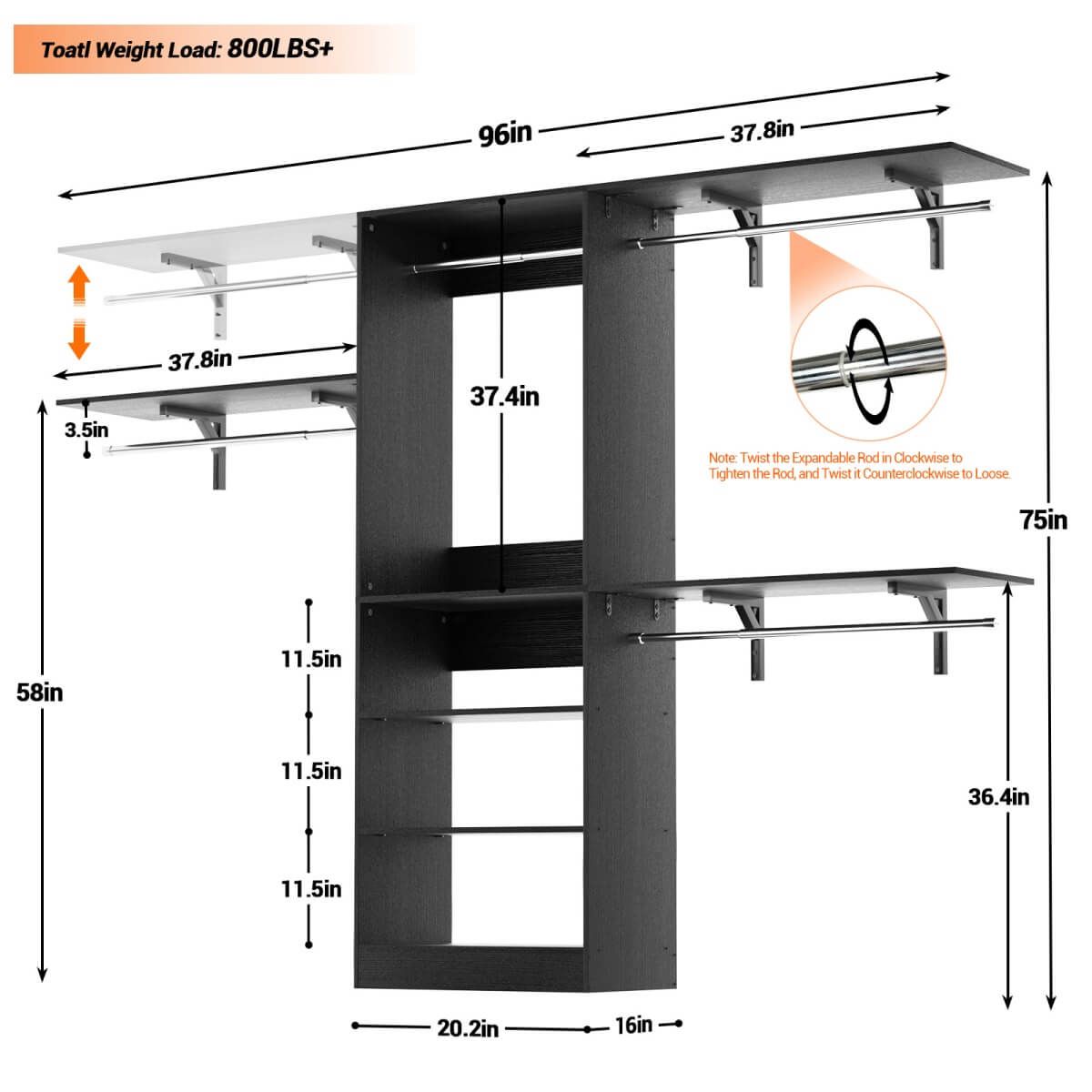 96'' Closet System with 3 Shelving Towers, Hanging Rods & 5 Storage Shelves