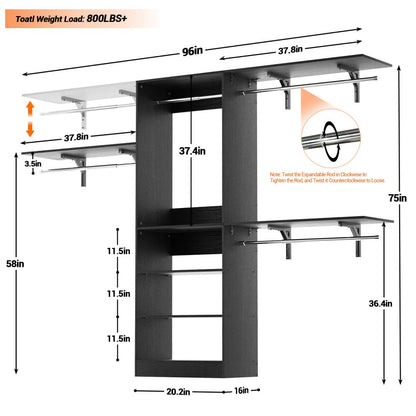 96'' Closet System with 3 Shelving Towers, Hanging Rods & 5 Storage Shelves