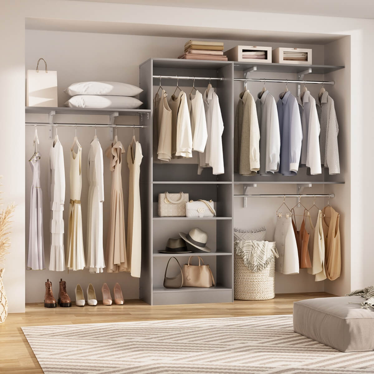 96'' Closet System with 3 Shelving Towers, Hanging Rods & 5 Storage Shelves