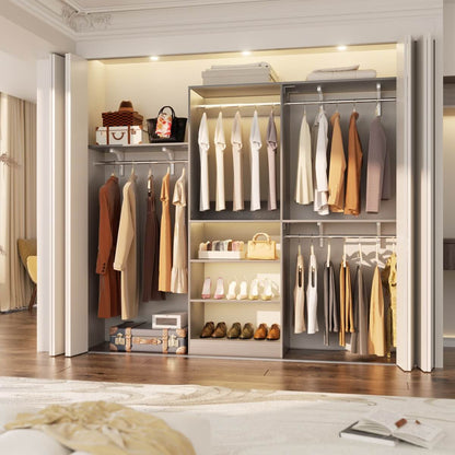 96'' Closet System with 3 Shelving Towers, Hanging Rods & 5 Storage Shelves