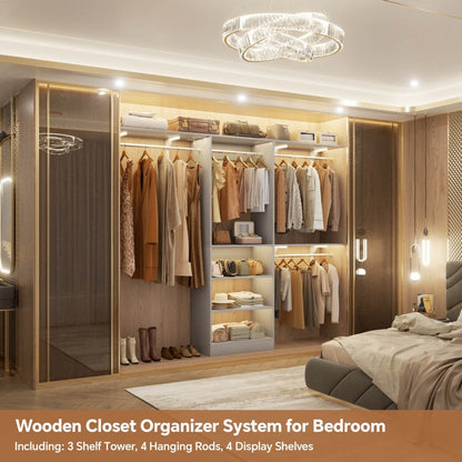 96'' Closet System with 3 Shelving Towers, Hanging Rods & 5 Storage Shelves