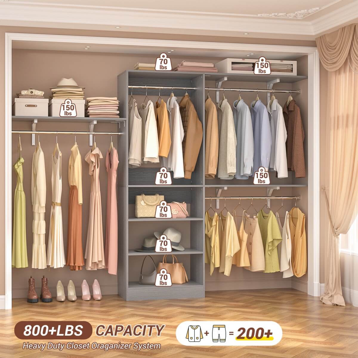 96'' Closet System with 3 Shelving Towers, Hanging Rods & 5 Storage Shelves
