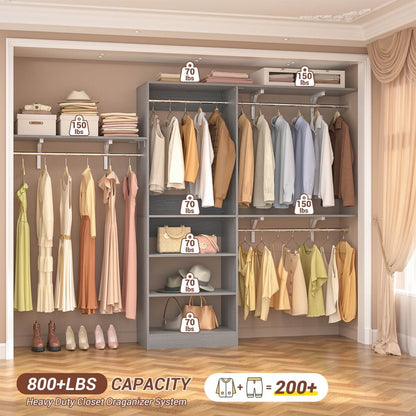 96'' Closet System with 3 Shelving Towers, Hanging Rods & 5 Storage Shelves