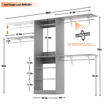96'' Closet System with 3 Shelving Towers, Hanging Rods & 5 Storage Shelves