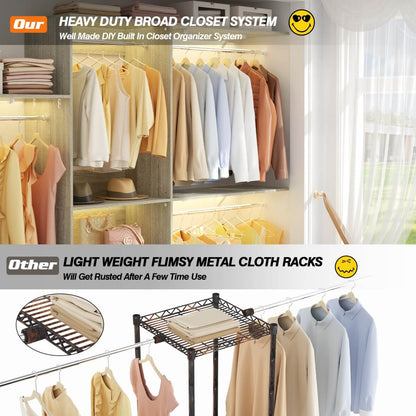 96'' Closet System with 3 Shelving Towers, Hanging Rods & 5 Storage Shelves