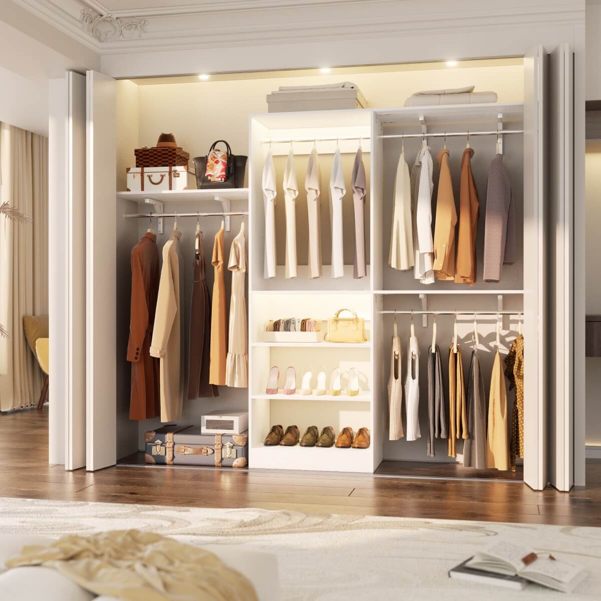 96'' Closet System with 3 Shelving Towers, Hanging Rods & 5 Storage Shelves