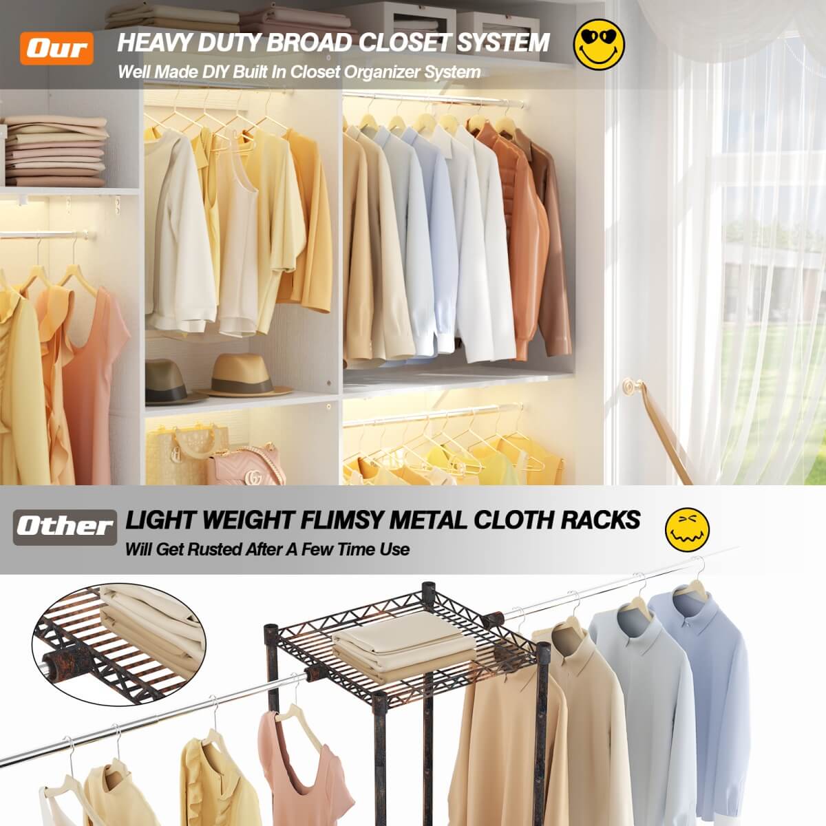 96'' Closet System with 3 Shelving Towers, Hanging Rods & 5 Storage Shelves