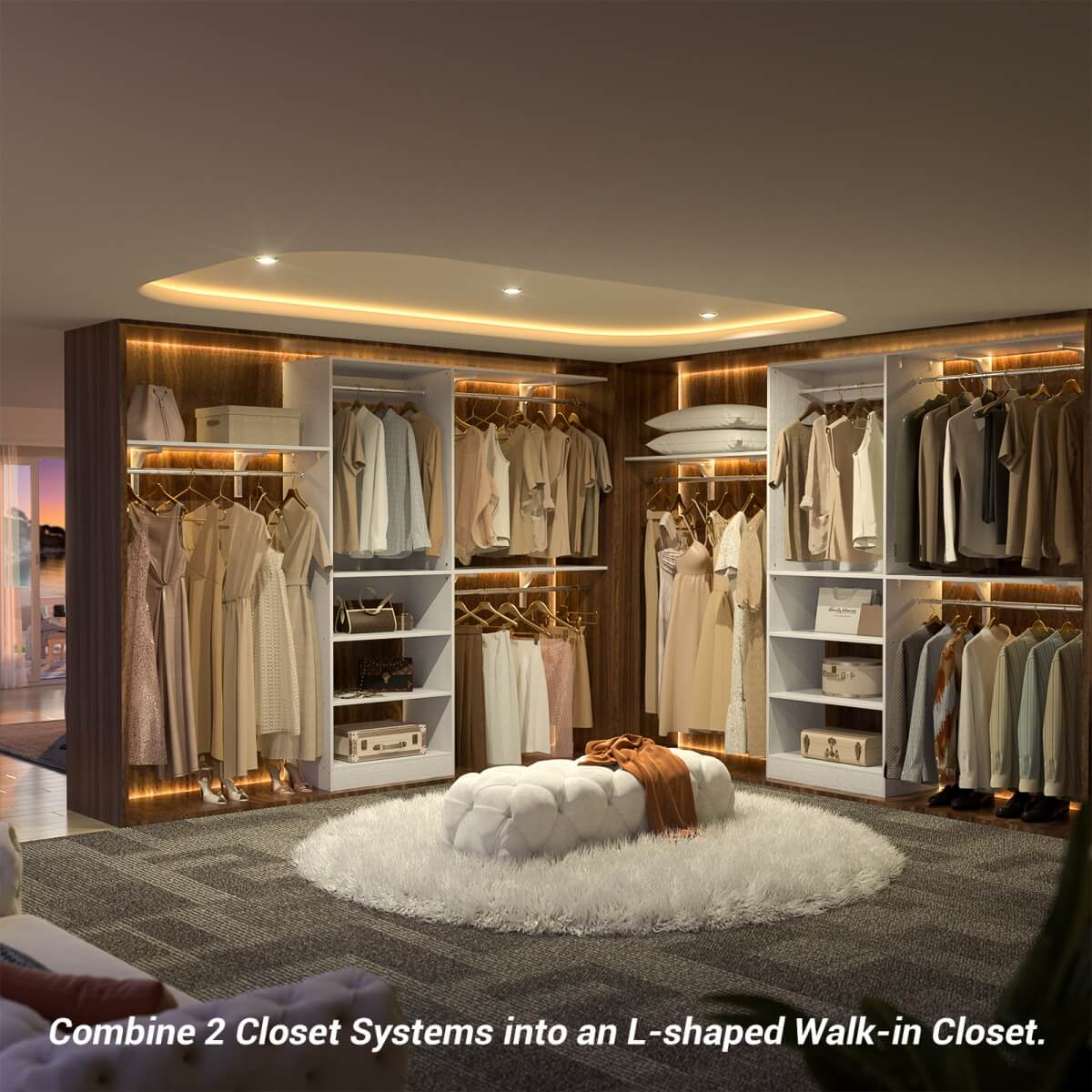 96'' Closet System with 3 Shelving Towers, Hanging Rods & 5 Storage Shelves