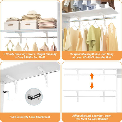 96'' Closet System with 3 Shelving Towers, Hanging Rods & 5 Storage Shelves