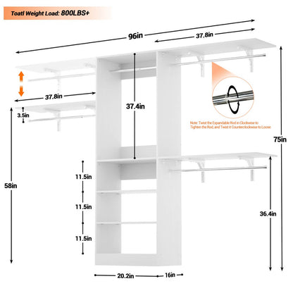 96'' Closet System with 3 Shelving Towers, Hanging Rods & 5 Storage Shelves