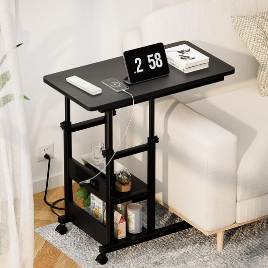 C-Shaped Height Adjustable End Table with Outlets, Protable