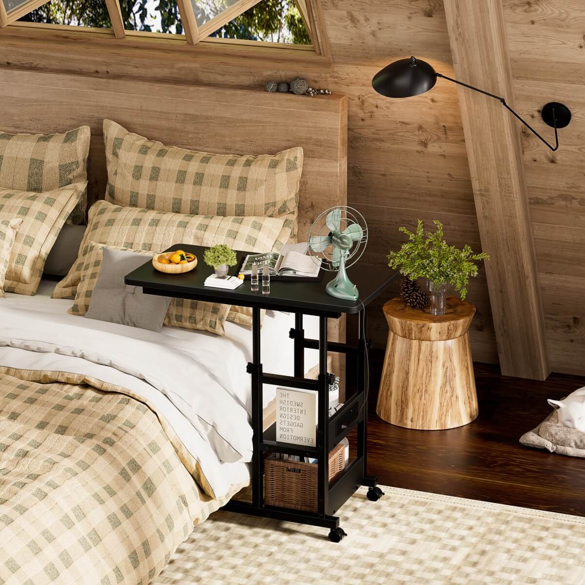 C-Shaped Height Adjustable End Table with Outlets, Protable