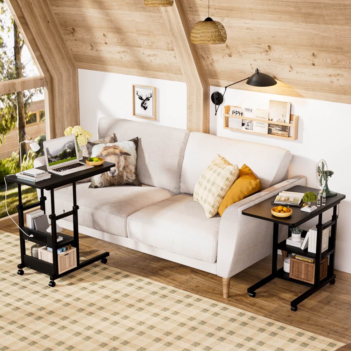 C-Shaped Height Adjustable End Table with Outlets, Protable