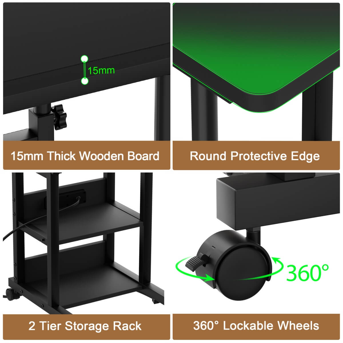 C-Shaped Height Adjustable End Table with Outlets, Protable