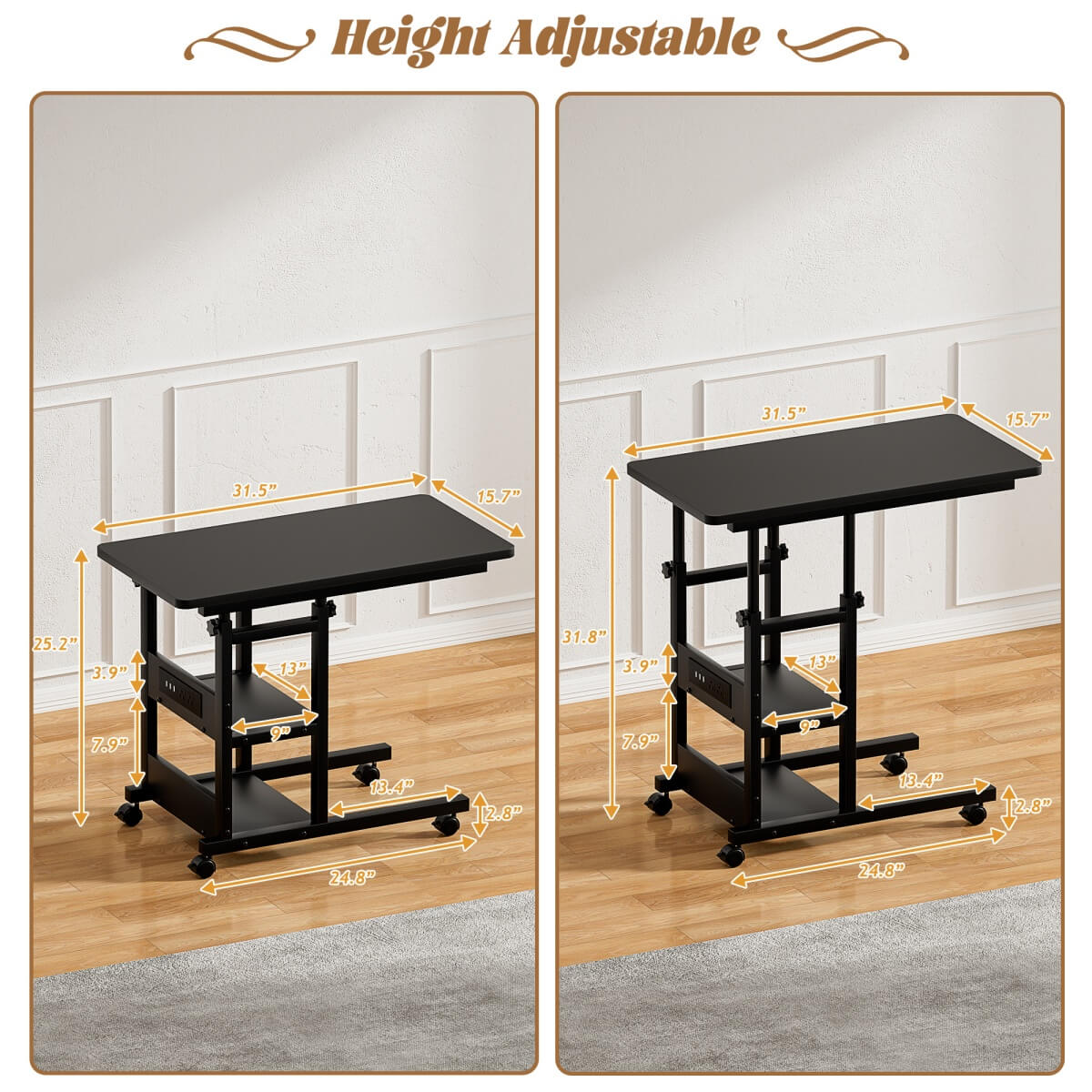 C-Shaped Height Adjustable End Table with Outlets, Protable