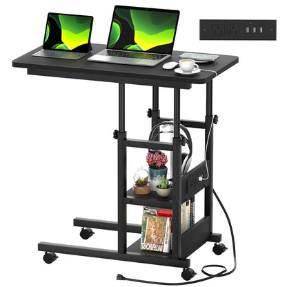 C-Shaped Height Adjustable End Table with Outlets, Protable