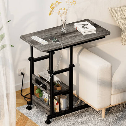 C-Shaped Height Adjustable End Table with Outlets, Protable