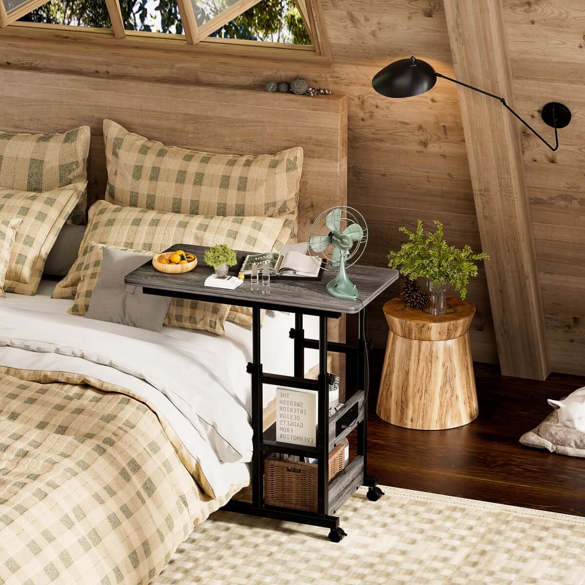 C-Shaped Height Adjustable End Table with Outlets, Protable