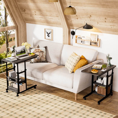 C-Shaped Height Adjustable End Table with Outlets, Protable