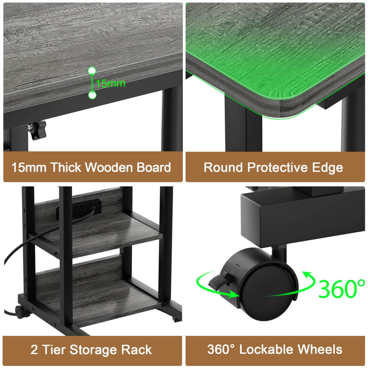 C-Shaped Height Adjustable End Table with Outlets, Protable