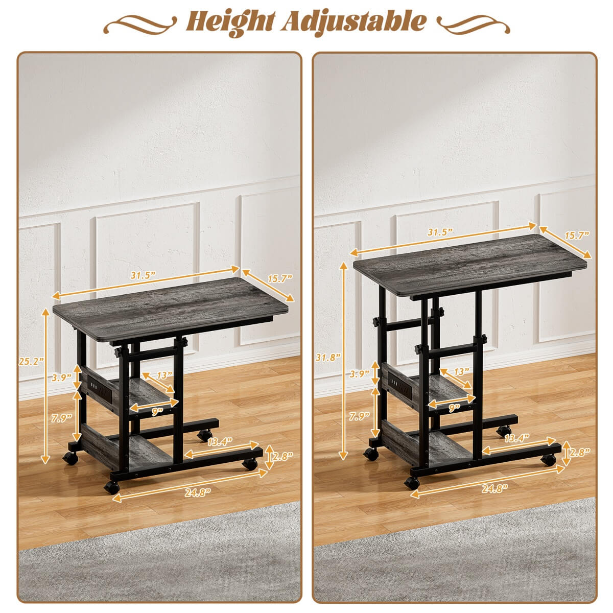 C-Shaped Height Adjustable End Table with Outlets, Protable
