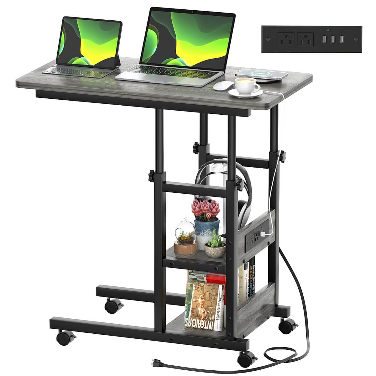 C-Shaped Height Adjustable End Table with Outlets, Protable