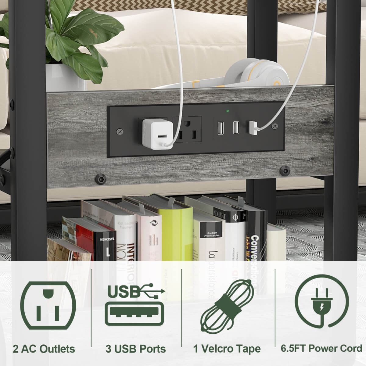 C-Shaped Height Adjustable End Table with Outlets, Protable
