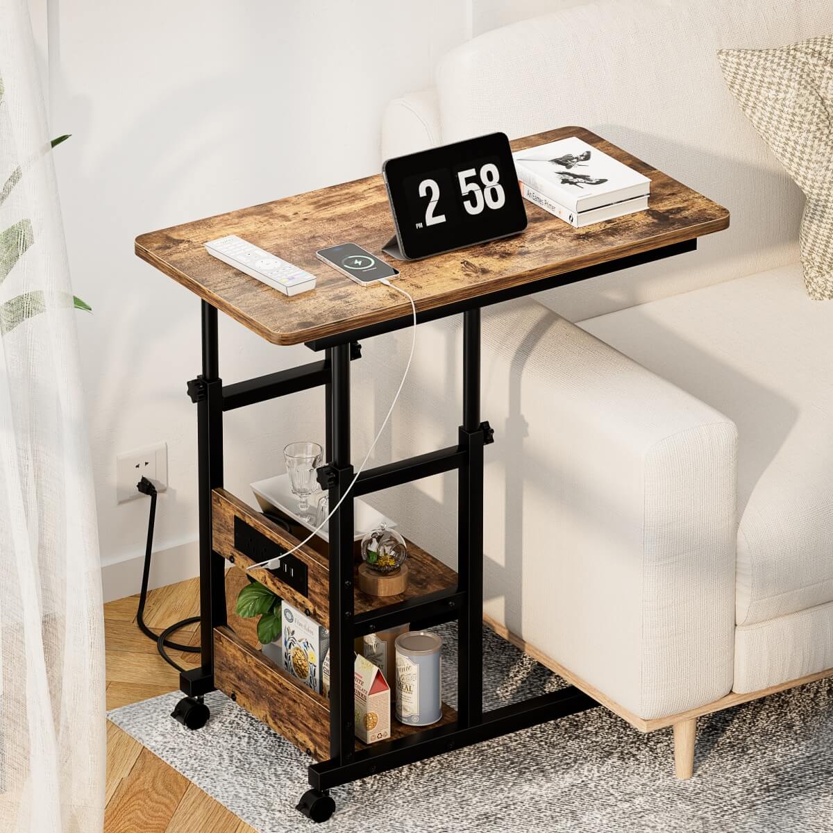 C-Shaped Height Adjustable End Table with Outlets, Protable