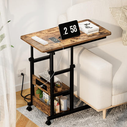 C-Shaped Height Adjustable End Table with Outlets, Protable