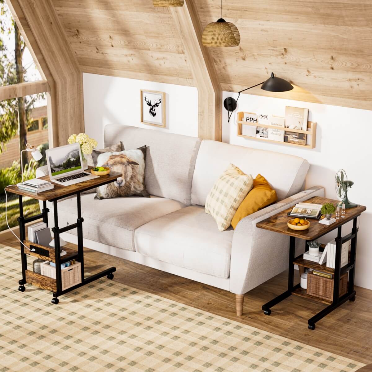 C-Shaped Height Adjustable End Table with Outlets, Protable