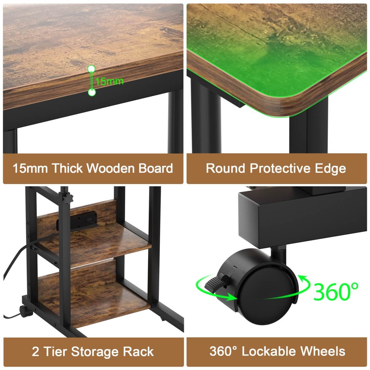 C-Shaped Height Adjustable End Table with Outlets, Protable