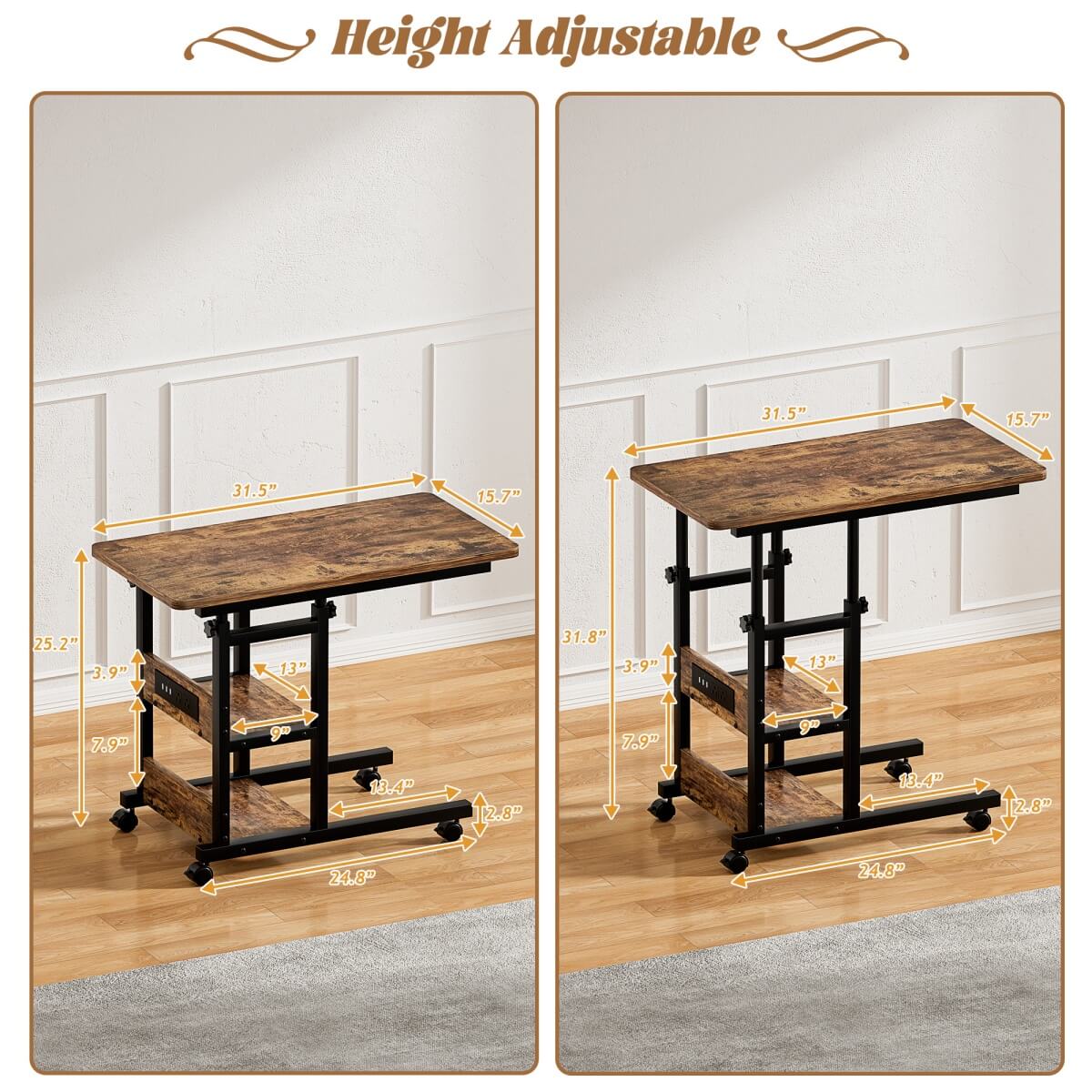 C-Shaped Height Adjustable End Table with Outlets, Protable
