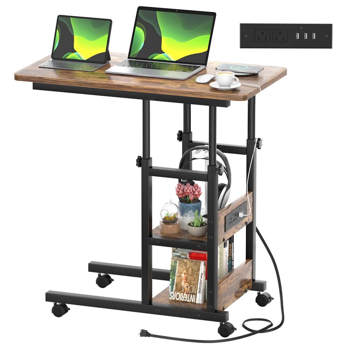 C-Shaped Height Adjustable End Table with Outlets, Protable