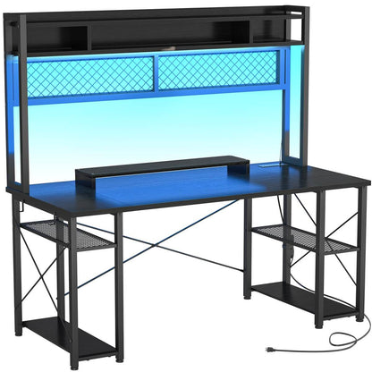 55.2'' Upgrade Gaming Desk with Hutch, LED Lights and Outlets, Reversible