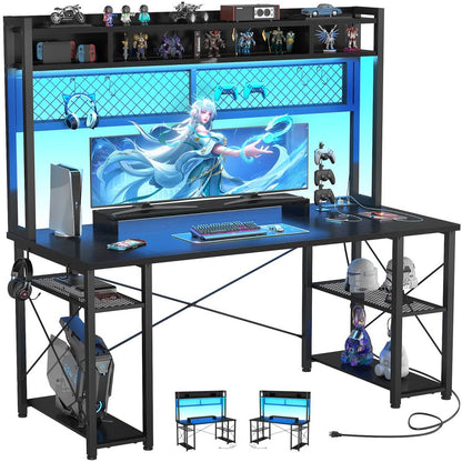 55.2'' Upgrade Gaming Desk with Hutch, LED Lights and Outlets, Reversible
