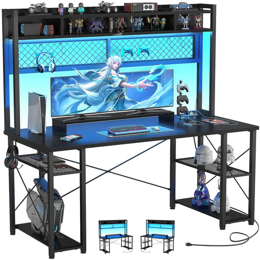 55.2'' Upgrade Gaming Desk with Hutch, LED Lights and Outlets, Reversible