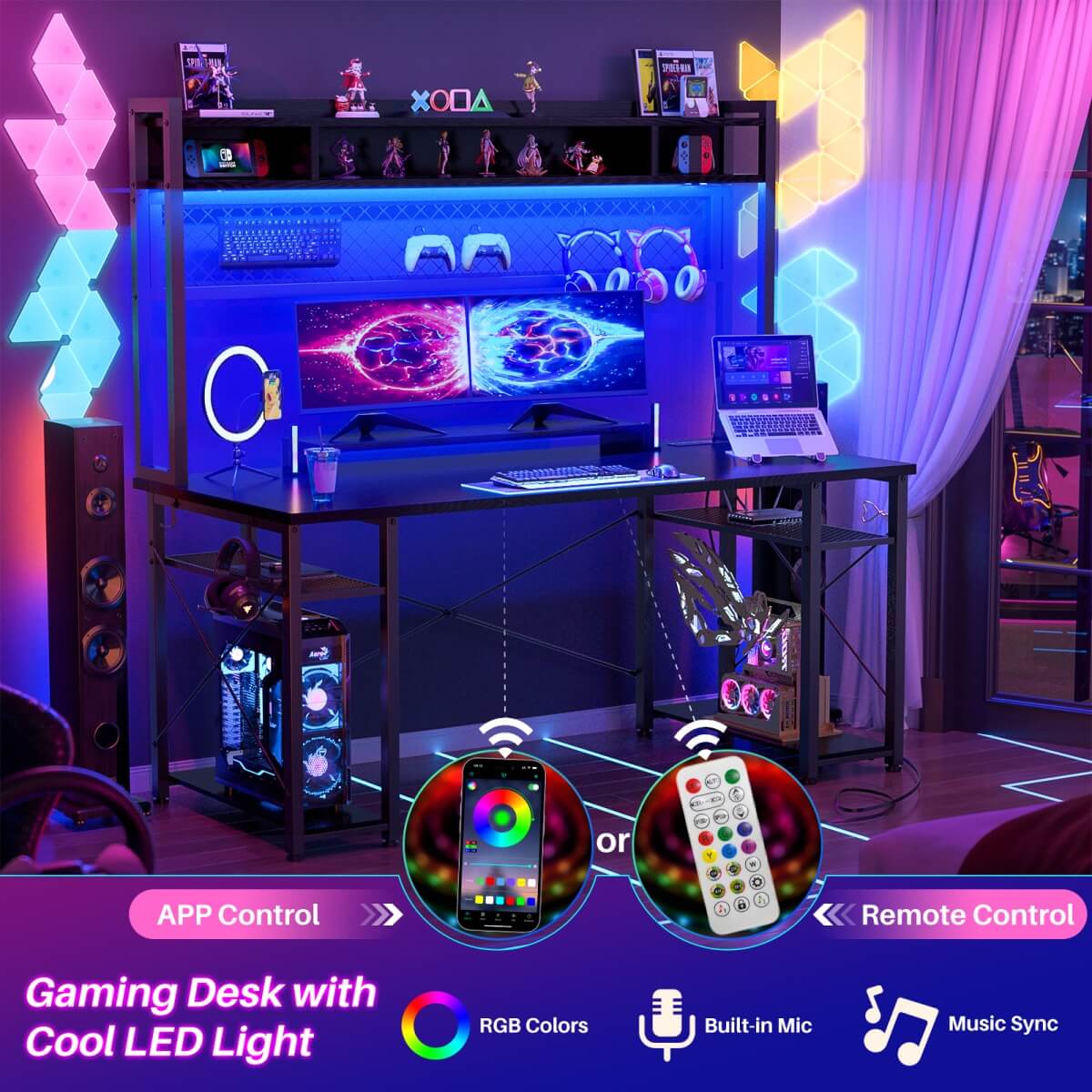 55.2'' Upgrade Gaming Desk with Hutch, LED Lights and Outlets, Reversible