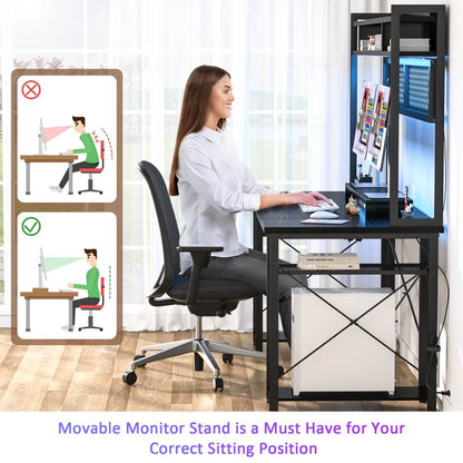 55.2'' Upgrade Gaming Desk with Hutch, LED Lights and Outlets, Reversible