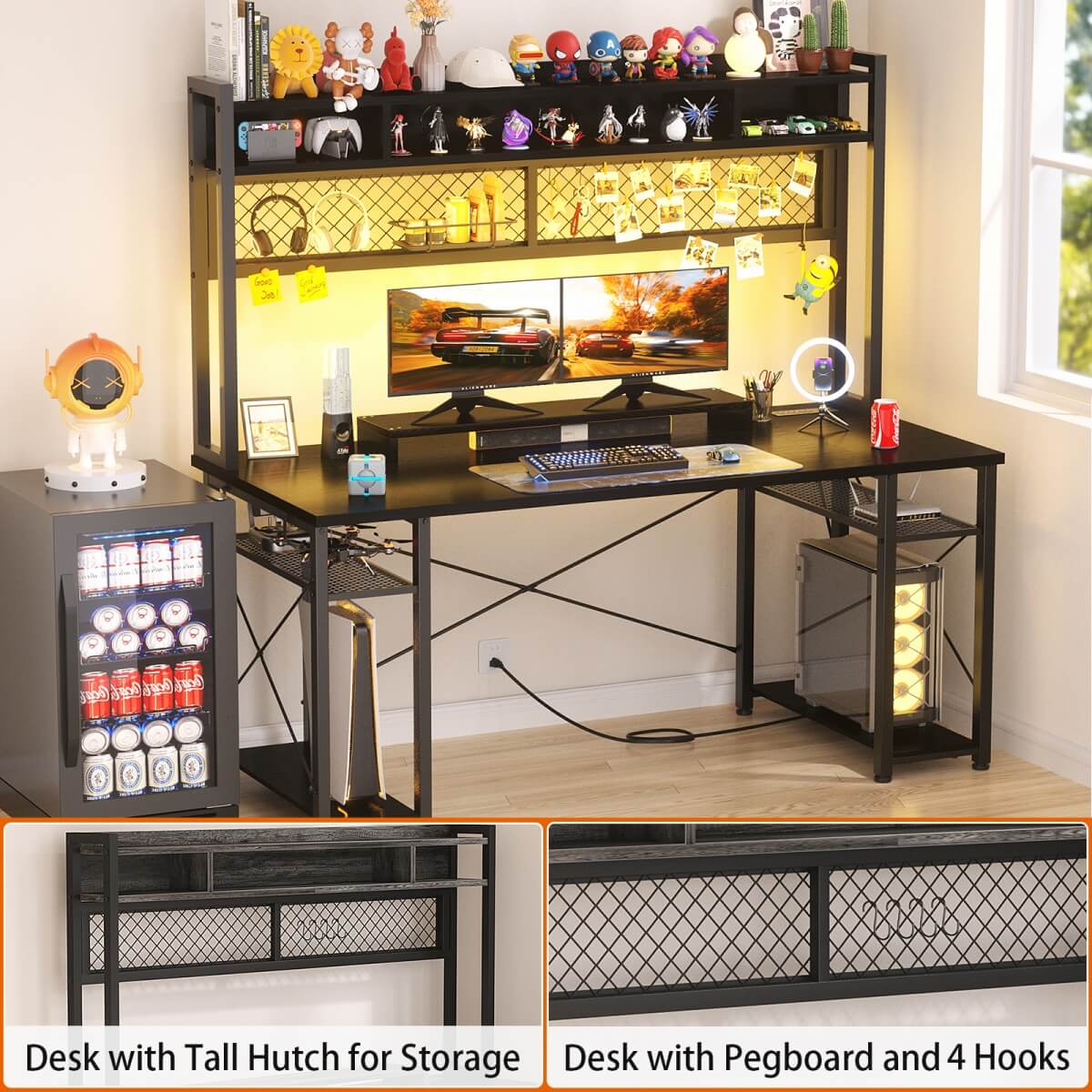55.2'' Upgrade Gaming Desk with Hutch, LED Lights and Outlets, Reversible