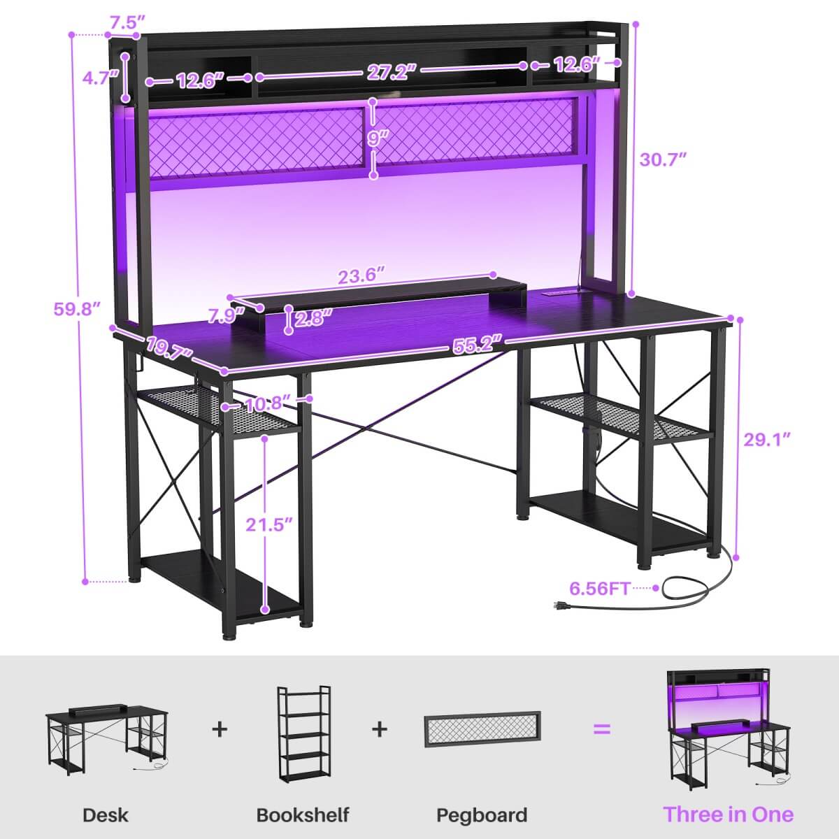 55.2'' Upgrade Gaming Desk with Hutch, LED Lights and Outlets, Reversible
