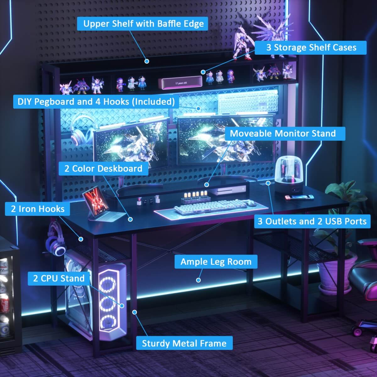 55.2'' Upgrade Gaming Desk with Hutch, LED Lights and Outlets, Reversible