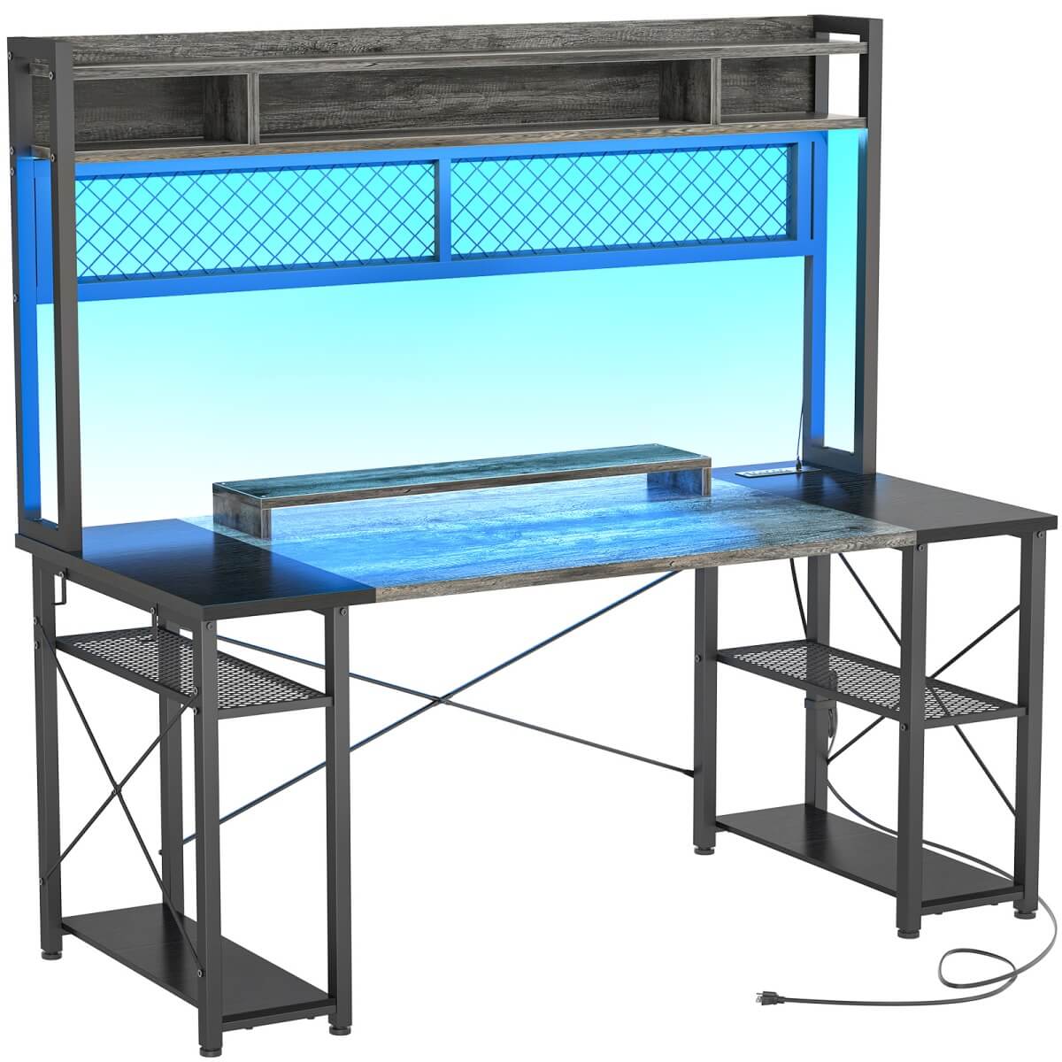 55.2'' Upgrade Gaming Desk with Hutch, LED Lights and Outlets, Reversible