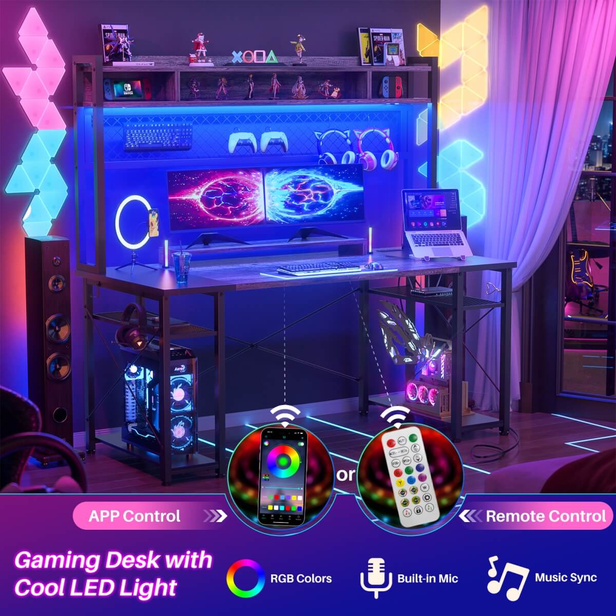 55.2'' Upgrade Gaming Desk with Hutch, LED Lights and Outlets, Reversible