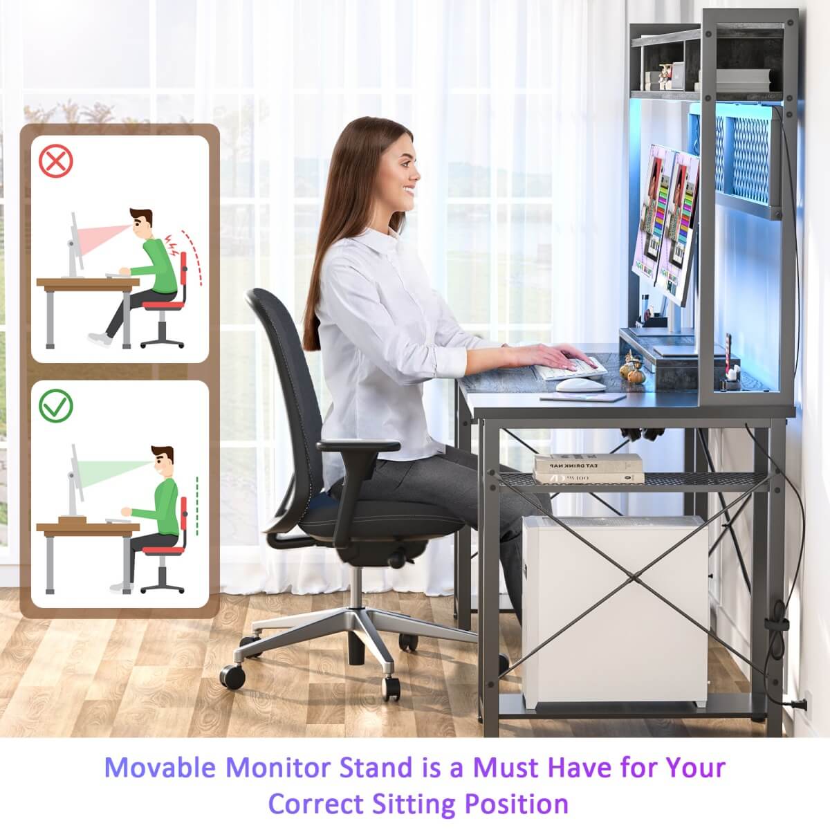 55.2'' Upgrade Gaming Desk with Hutch, LED Lights and Outlets, Reversible