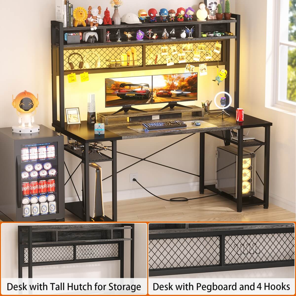 55.2'' Upgrade Gaming Desk with Hutch, LED Lights and Outlets, Reversible